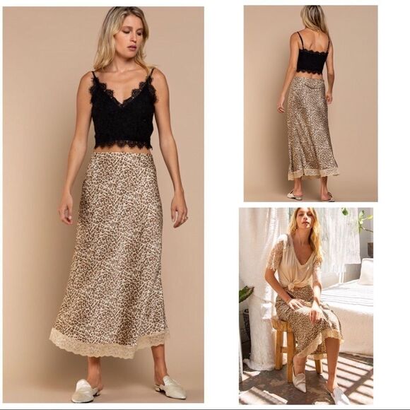 LEOPARD Print Maxi Skirt with Scalloped Lace Hem - Picture 5 of 16